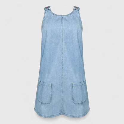 Effortless Blue Denim Dress for Women with Scoop Neck Sleeveless Patch Pocket A Line Casual Style