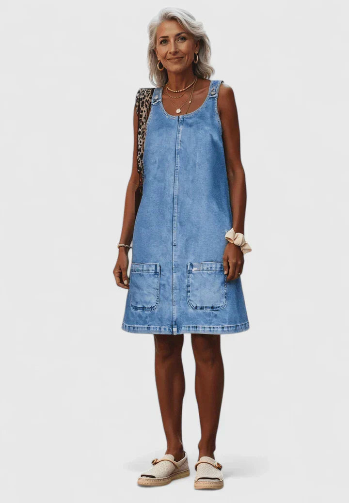Effortless Blue Denim Mini Dress for Women with Scoop Neck Sleeveless Patch Pocket Shift Style