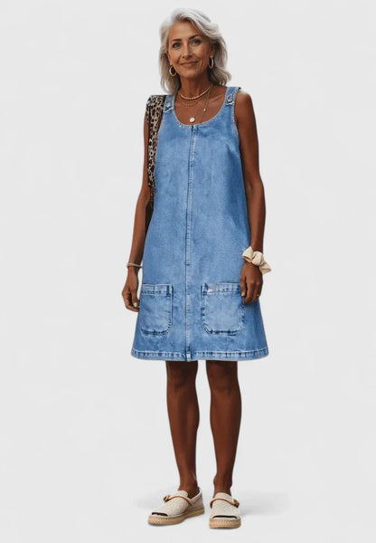 Effortless Blue Denim Mini Dress for Women with Scoop Neck Sleeveless Patch Pocket Shift Style