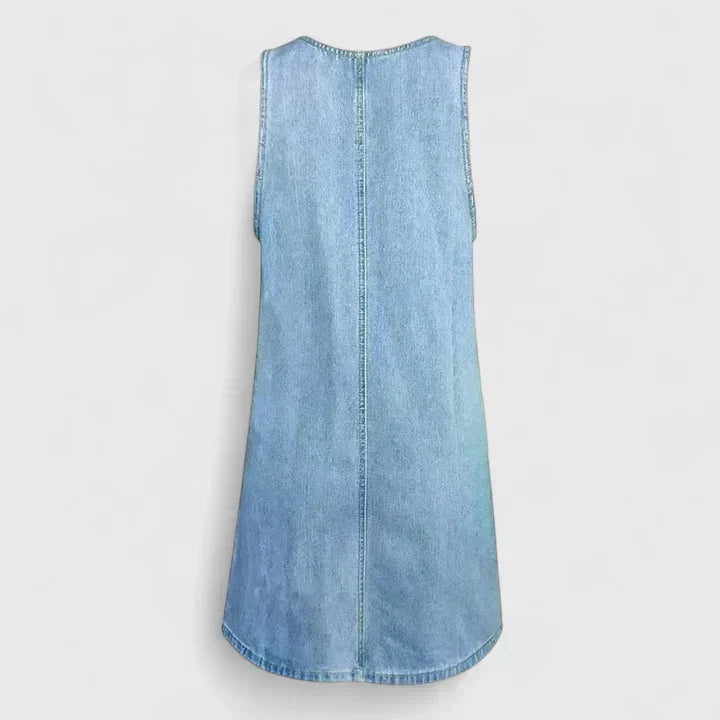 Effortless Blue Denim Mini Dress for Women with Scoop Neck Sleeveless Patch Pocket Shift Style