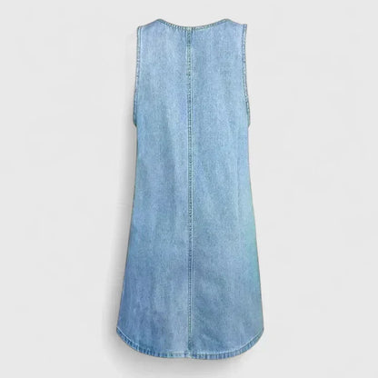 Effortless Blue Denim Mini Dress for Women with Scoop Neck Sleeveless Patch Pocket Shift Style