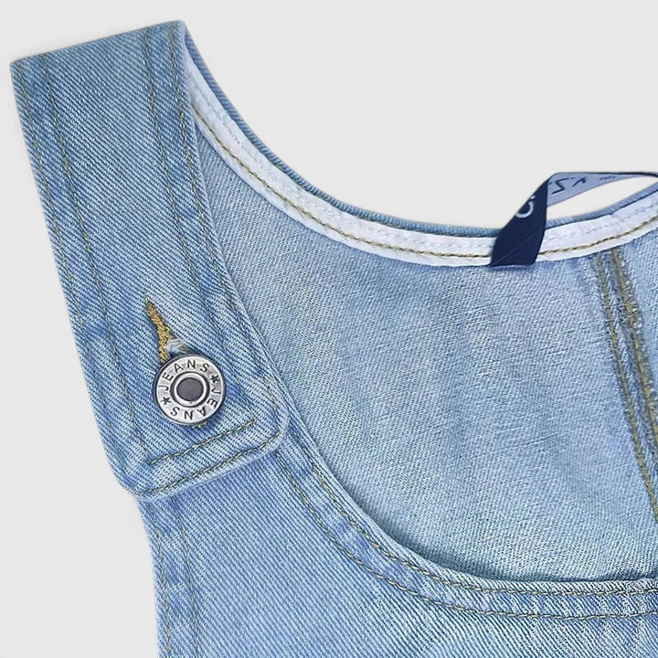 Effortless Blue Denim Mini Dress for Women with Scoop Neck Sleeveless Patch Pocket Shift Style