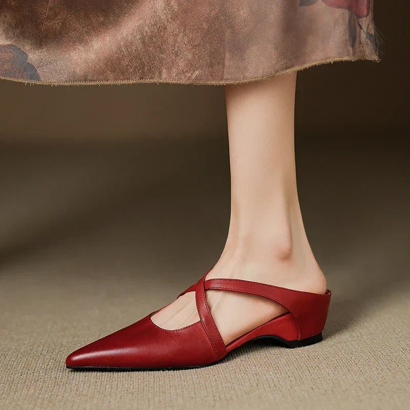 Elegant Leather Crisscross Mule for Women with Pointed Toe Low Block Heel Style