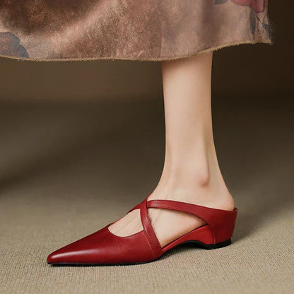 Elegant Leather Crisscross Mule for Women with Pointed Toe Low Block Heel Style