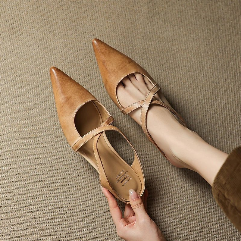 Elegant Leather Crisscross Mule for Women with Pointed Toe Low Block Heel Style
