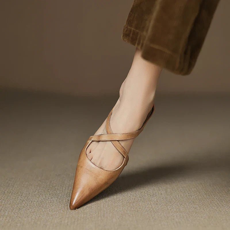 Elegant Leather Crisscross Mule for Women with Pointed Toe Low Block Heel Style