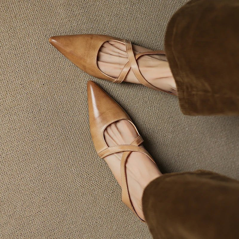 Elegant Leather Crisscross Mule for Women with Pointed Toe Low Block Heel Style