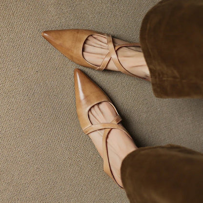 Elegant Leather Crisscross Mule for Women with Pointed Toe Low Block Heel Style