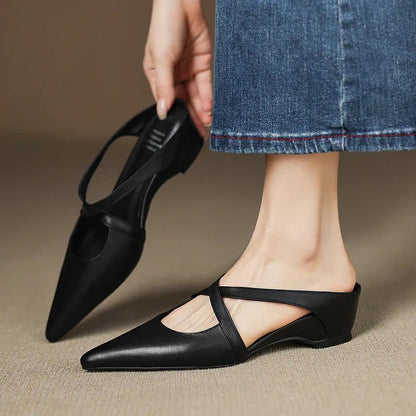 Elegant Leather Crisscross Mule for Women with Pointed Toe Low Block Heel Style
