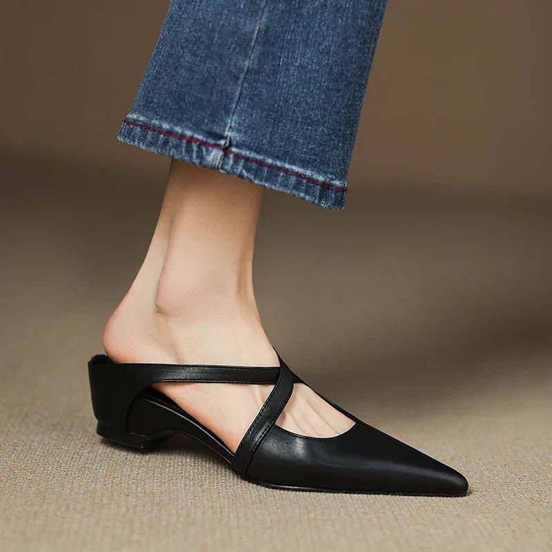 Elegant Leather Crisscross Mule for Women with Pointed Toe Low Block Heel Style