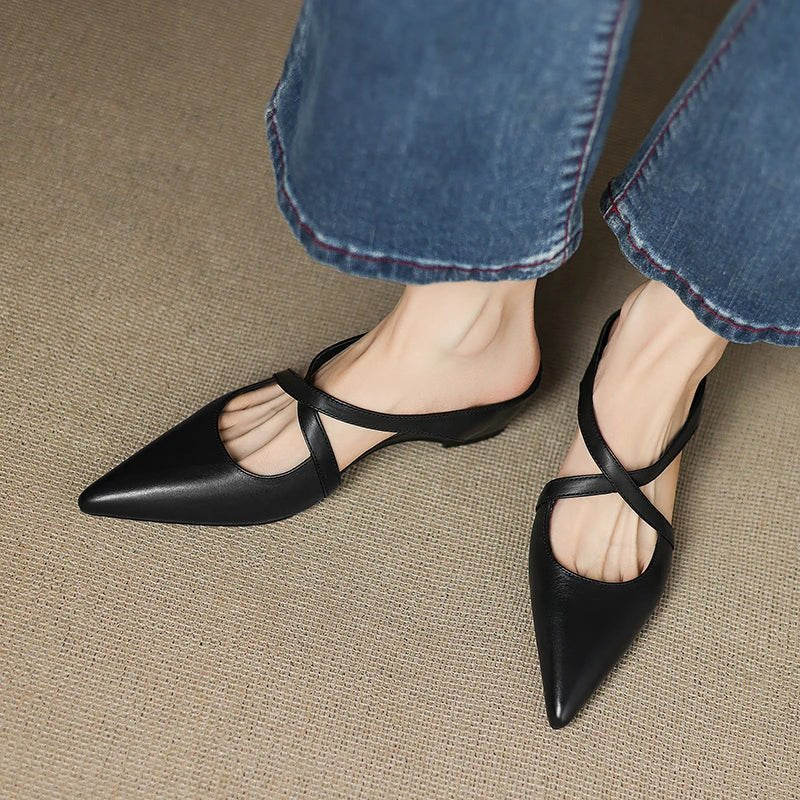 Elegant Leather Crisscross Mule for Women with Pointed Toe Low Block Heel Style