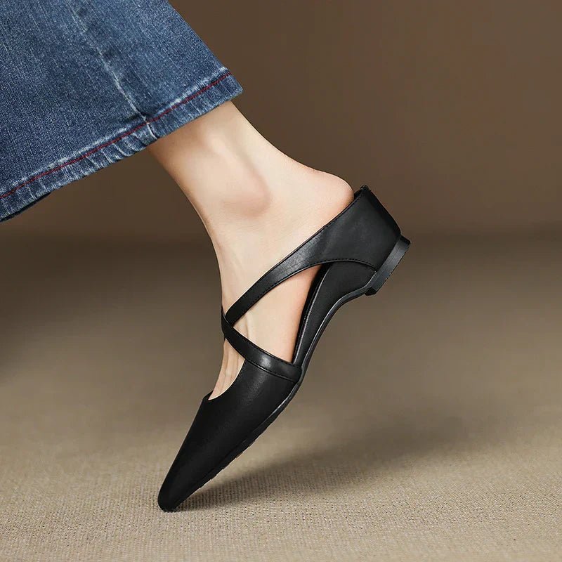 Elegant Leather Crisscross Mule for Women with Pointed Toe Low Block Heel Style