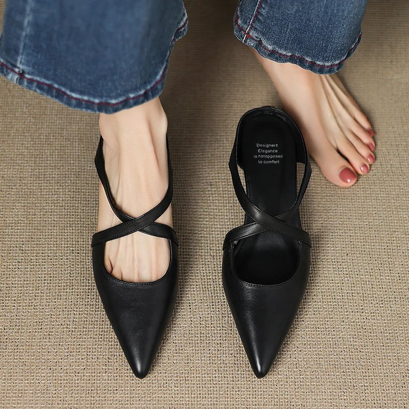 Elegant Leather Crisscross Mule for Women with Pointed Toe Low Block Heel Style