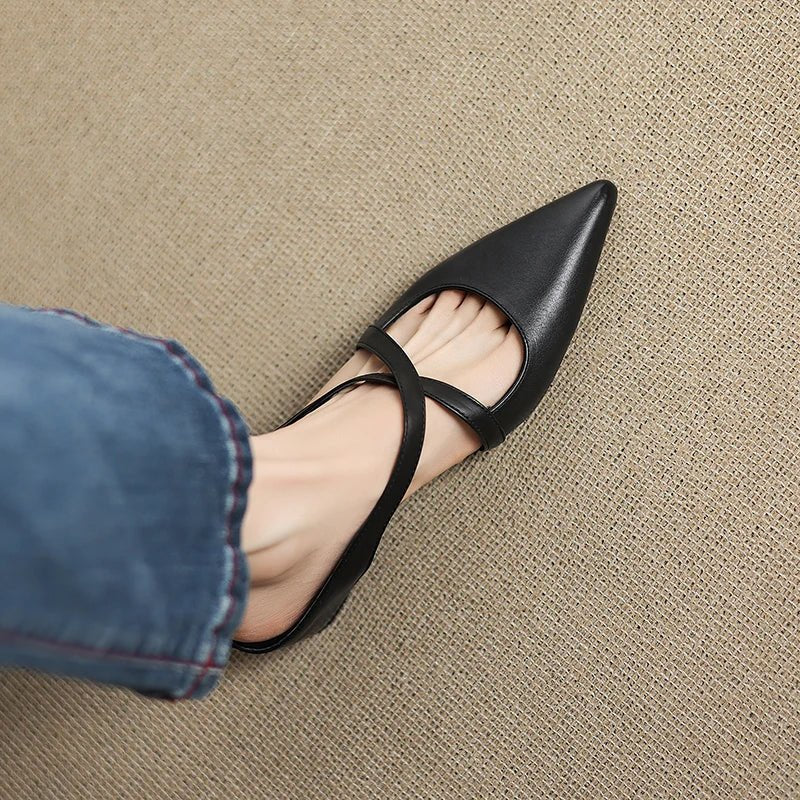Elegant Leather Crisscross Mule for Women with Pointed Toe Low Block Heel Style