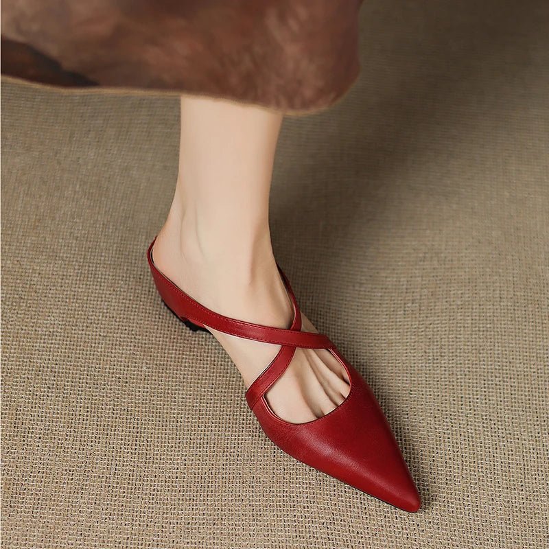 Elegant Leather Crisscross Mule for Women with Pointed Toe Low Block Heel Style