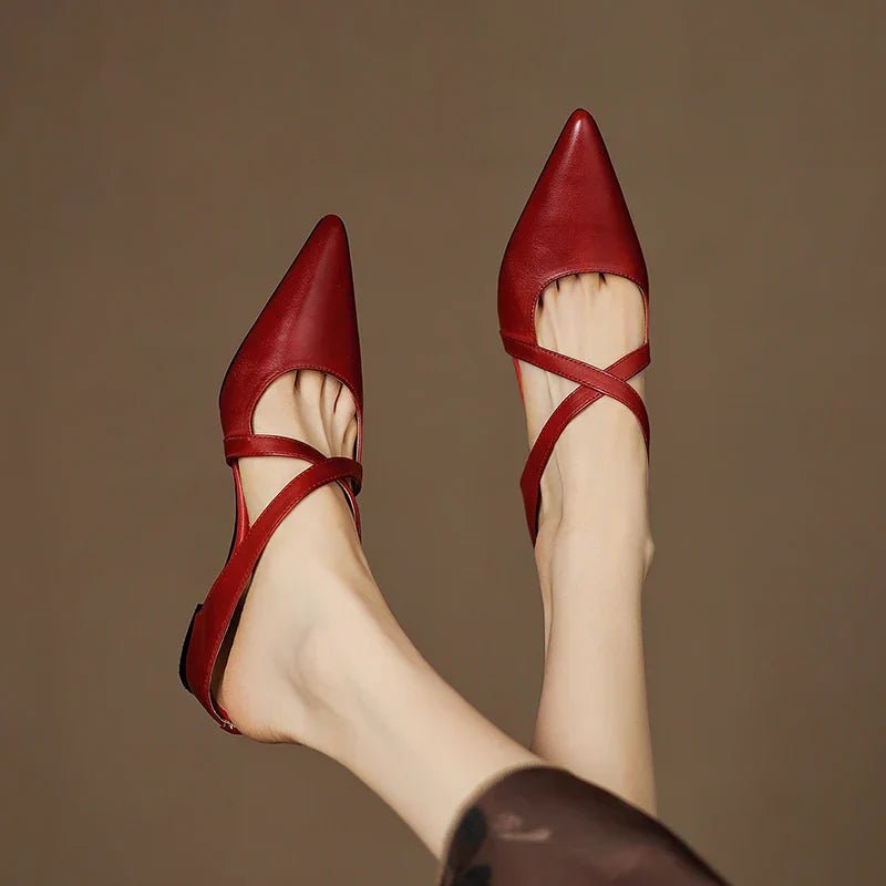 Elegant Leather Crisscross Mule for Women with Pointed Toe Low Block Heel Style