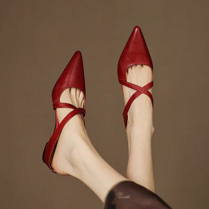 Elegant Leather Crisscross Mule for Women with Pointed Toe Low Block Heel Style