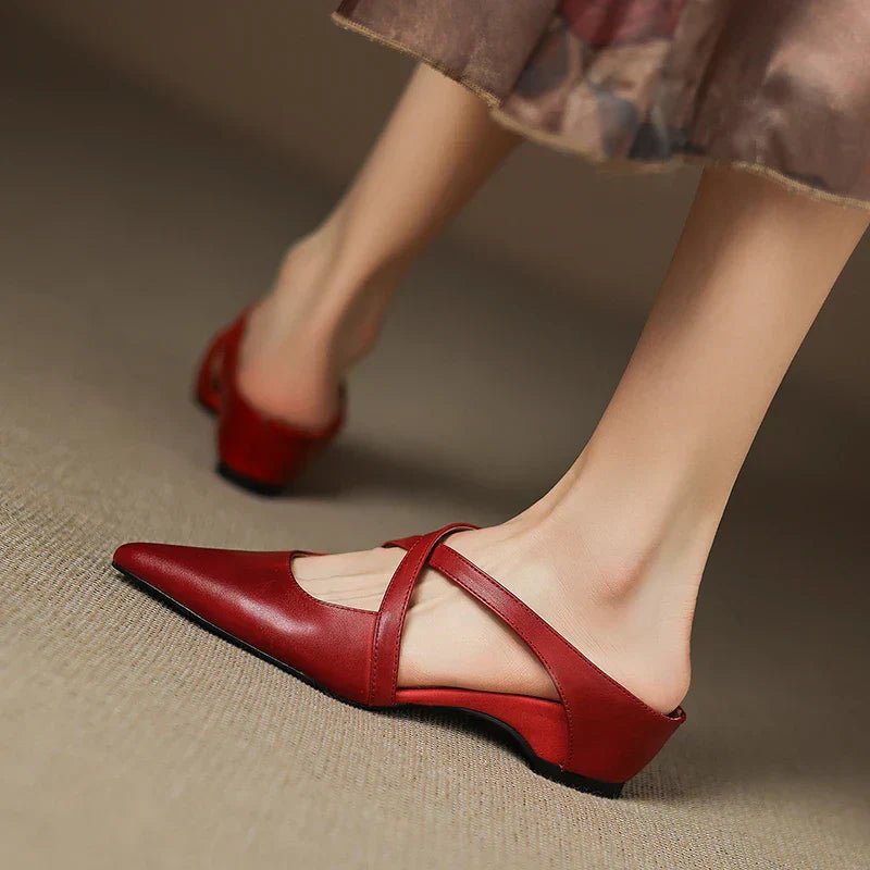 Elegant Leather Crisscross Mule for Women with Pointed Toe Low Block Heel Style