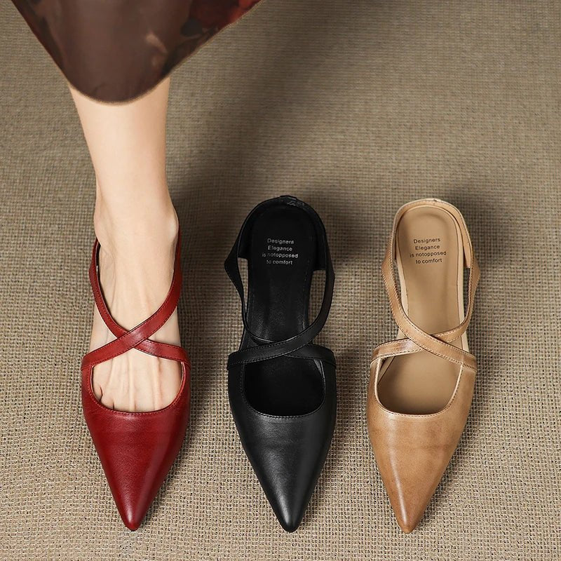 Elegant Leather Crisscross Mule for Women with Pointed Toe Low Block Heel Style
