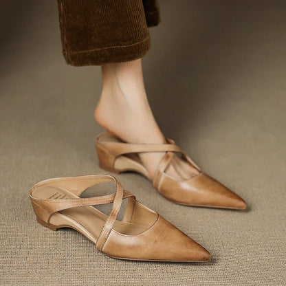 Elegant Leather Crisscross Mule for Women with Pointed Toe Low Block Heel Style