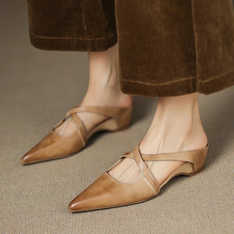 Elegant Leather Crisscross Mule for Women with Pointed Toe Low Block Heel Style
