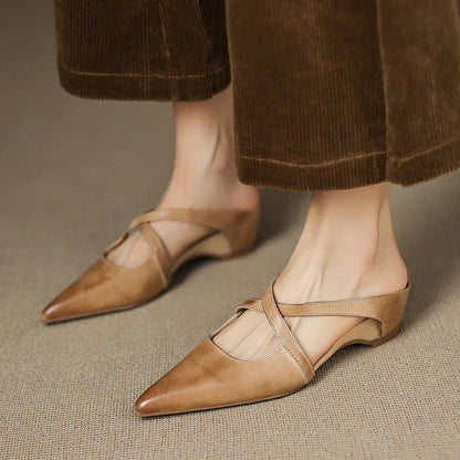Elegant Leather Crisscross Mule for Women with Pointed Toe Low Block Heel Style
