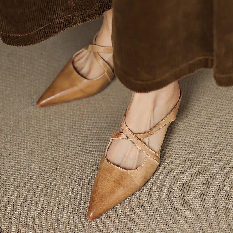 Elegant Leather Crisscross Mule for Women with Pointed Toe Low Block Heel Style