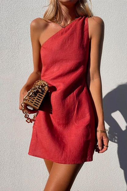 Elegant Linen Mini Dress for Women with One Shoulder Draped Bodycon Cocktail Style