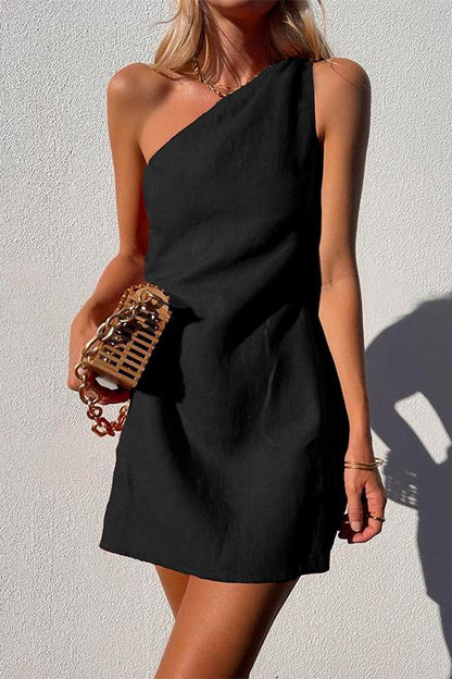 Elegant Linen Mini Dress for Women with One Shoulder Draped Bodycon Cocktail Style