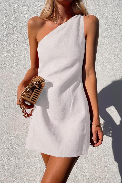 Elegant Linen Mini Dress for Women with One Shoulder Draped Bodycon Cocktail Style