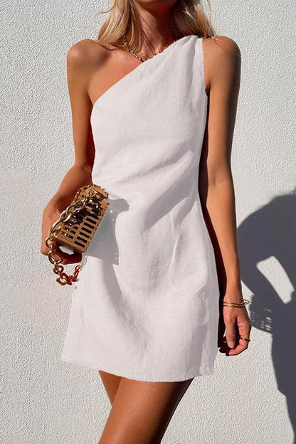 Elegant Linen Mini Dress for Women with One Shoulder Draped Bodycon Cocktail Style