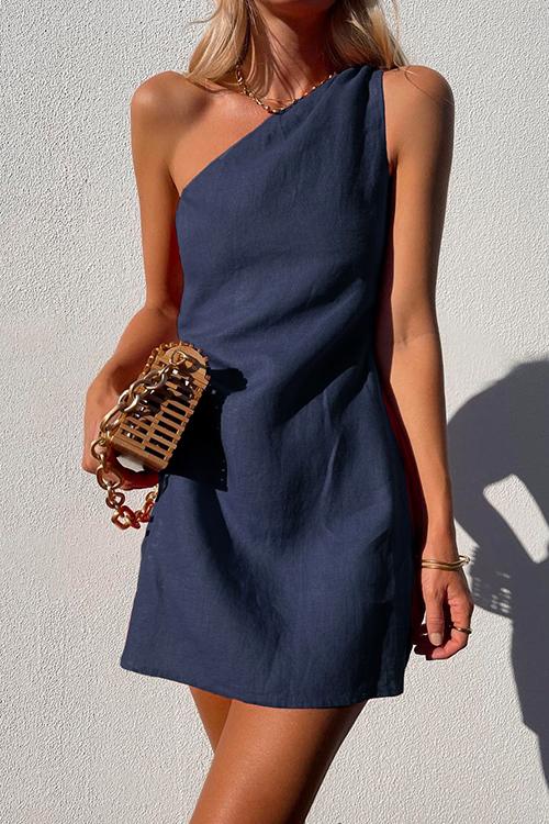 Elegant Linen Mini Dress for Women with One Shoulder Draped Bodycon Cocktail Style