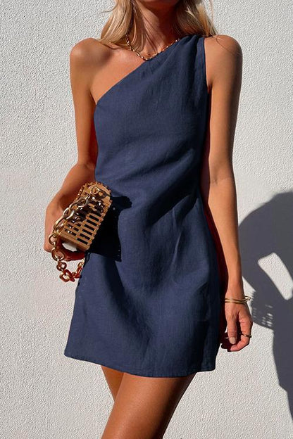 Elegant Linen Mini Dress for Women with One Shoulder Draped Bodycon Cocktail Style