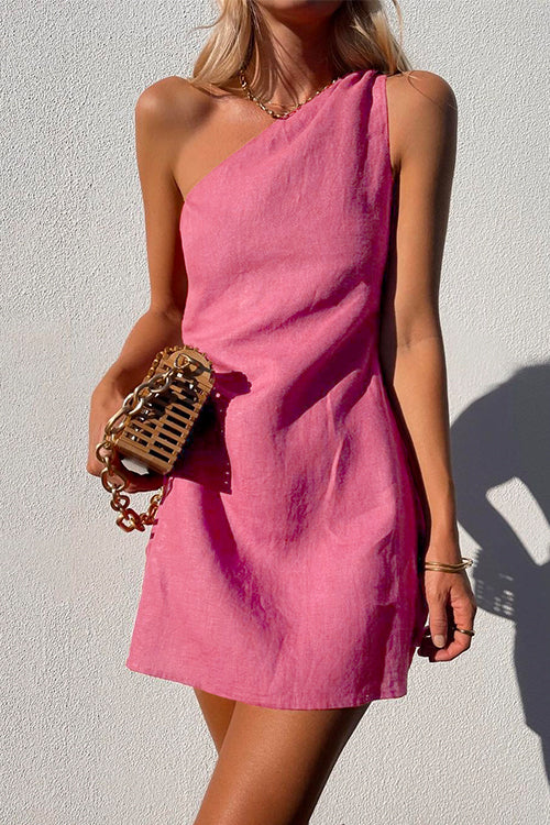 Elegant Linen Mini Dress for Women with One Shoulder Draped Bodycon Cocktail Style