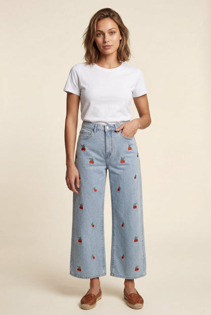 Cherry Embroidered Light Blue Wide-leg High-waisted Jeans