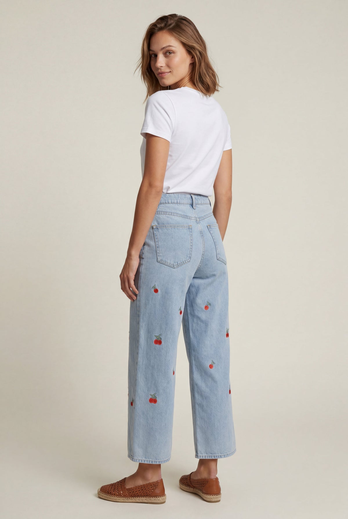Cherry Embroidered Light Blue Wide-leg High-waisted Jeans