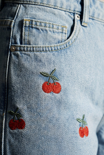 Cherry Embroidered Light Blue Wide-leg High-waisted Jeans