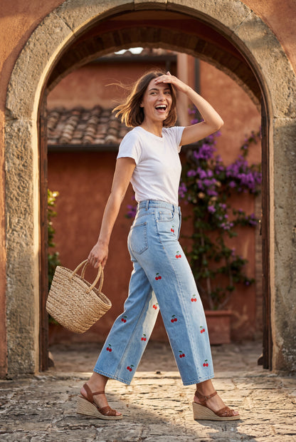 Cherry Embroidered Light Blue Wide-leg High-waisted Jeans