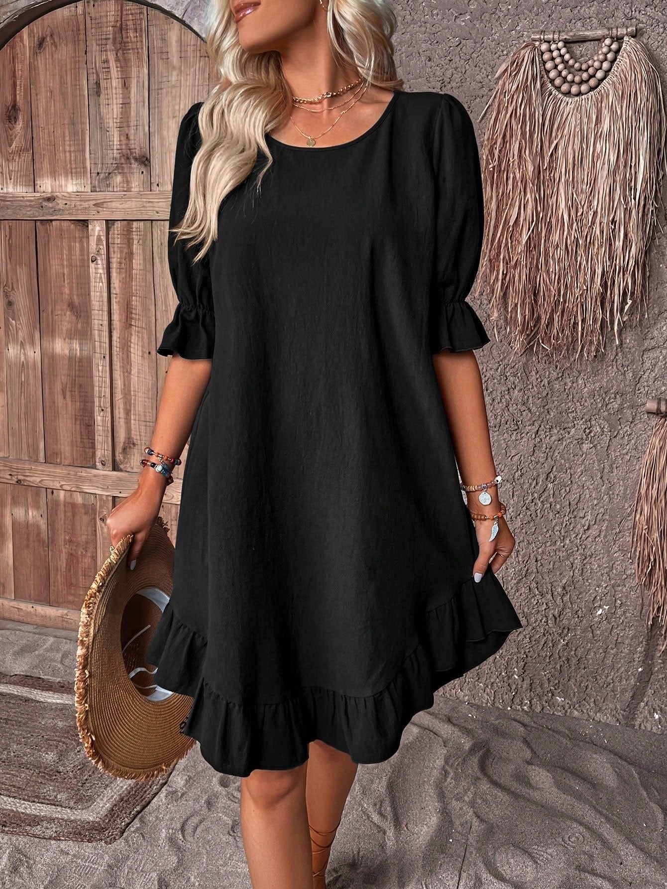 Effortless Linen Mini Dress for Women with Round Neck Ruffle Sleeve Tiered Hem Bohemian Style