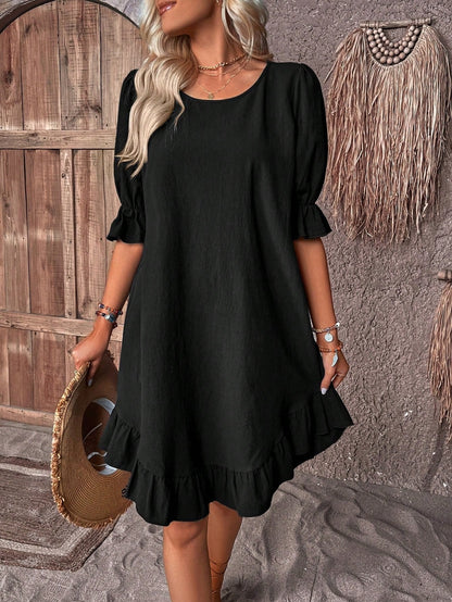 Effortless Linen Mini Dress for Women with Round Neck Ruffle Sleeve Tiered Hem Bohemian Style