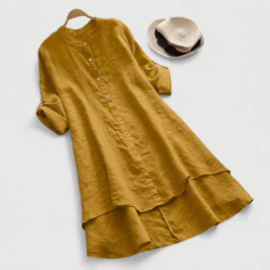 Effortless Linen Shirt Dress for Women with Stand Collar Long Sleeve Button Front High Low Hem Style