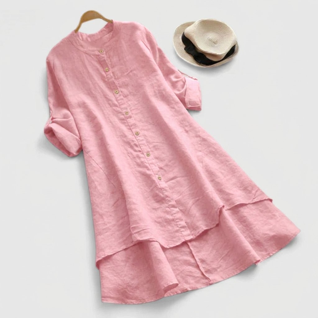 Effortless Linen Shirt Dress for Women with Stand Collar Long Sleeve Button Front High Low Hem Style