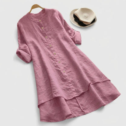 Effortless Linen Shirt Dress for Women with Stand Collar Long Sleeve Button Front High Low Hem Style