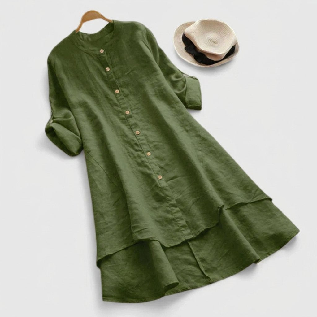 Effortless Linen Shirt Dress for Women with Stand Collar Long Sleeve Button Front High Low Hem Style