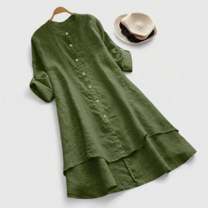Effortless Linen Shirt Dress for Women with Stand Collar Long Sleeve Button Front High Low Hem Style