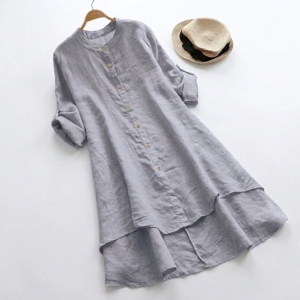 Effortless Linen Shirt Dress for Women with Stand Collar Long Sleeve Button Front High Low Hem Style