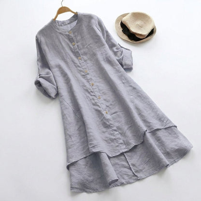 Effortless Linen Shirt Dress for Women with Stand Collar Long Sleeve Button Front High Low Hem Style