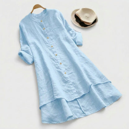 Effortless Linen Shirt Dress for Women with Stand Collar Long Sleeve Button Front High Low Hem Style