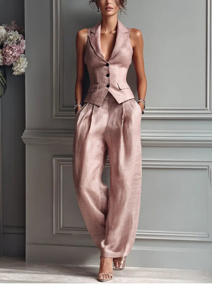 Elegant Blush Pink Linen Wide Leg Set for Women with V Neck Button Front Tailored Two Piece Style