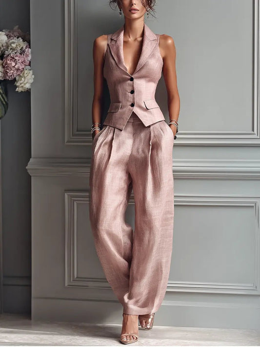 Elegant Blush Pink Linen Wide Leg Set for Women with V Neck Button Front Tailored Two Piece Style